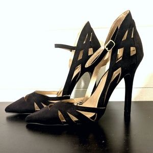 Qupid strappy suede like cut out detail heels